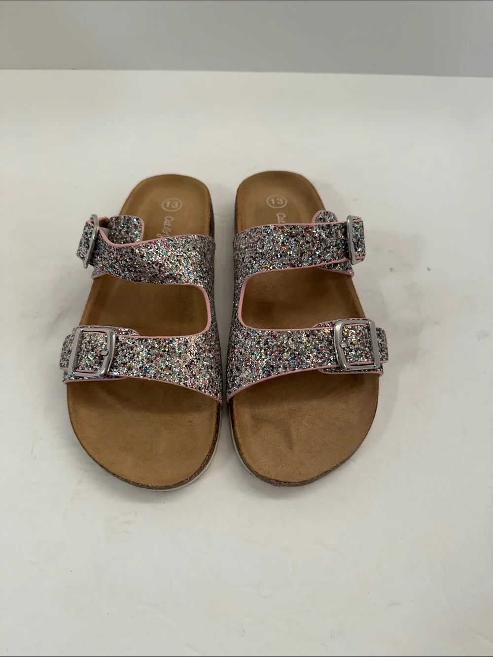 Cat & Jack Girls Glitter Double Buckle Sandals Pink Trim Size 13